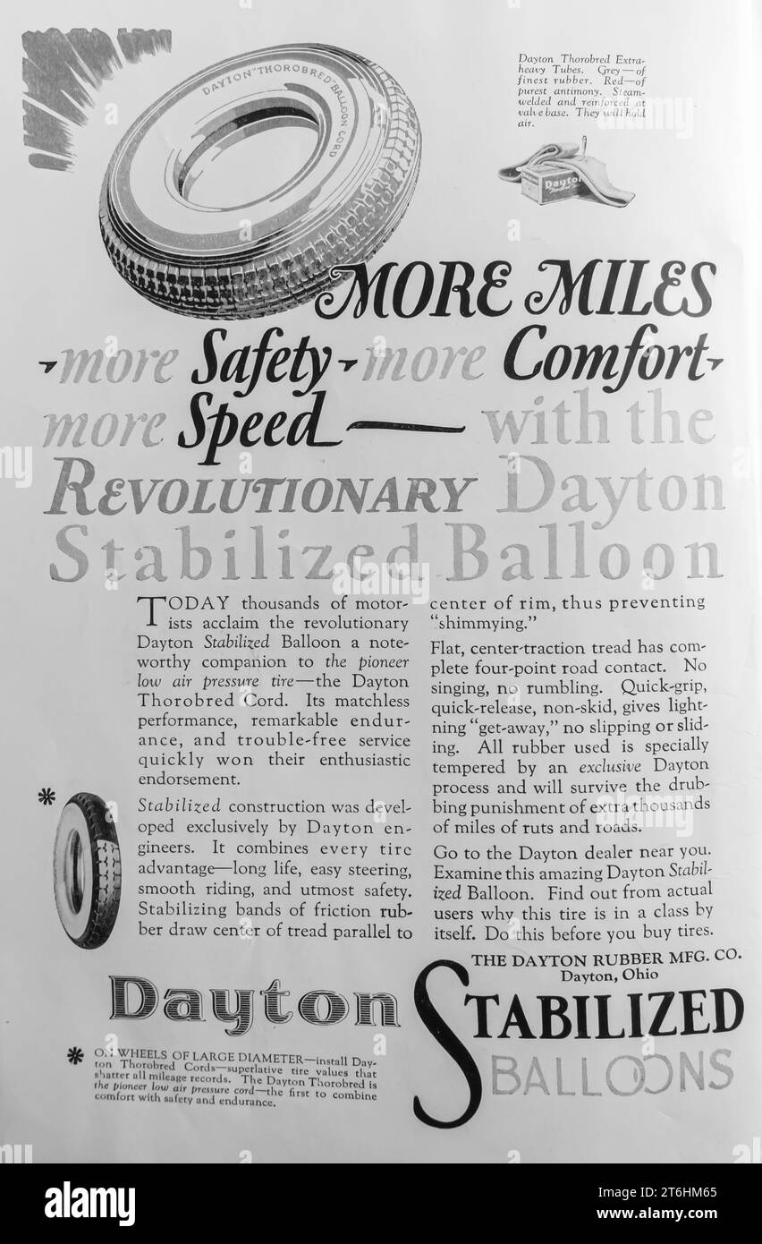 1927 Dayton stabilisierte Ballon-Reifen mit niedrigem Luftdruck Stockfoto