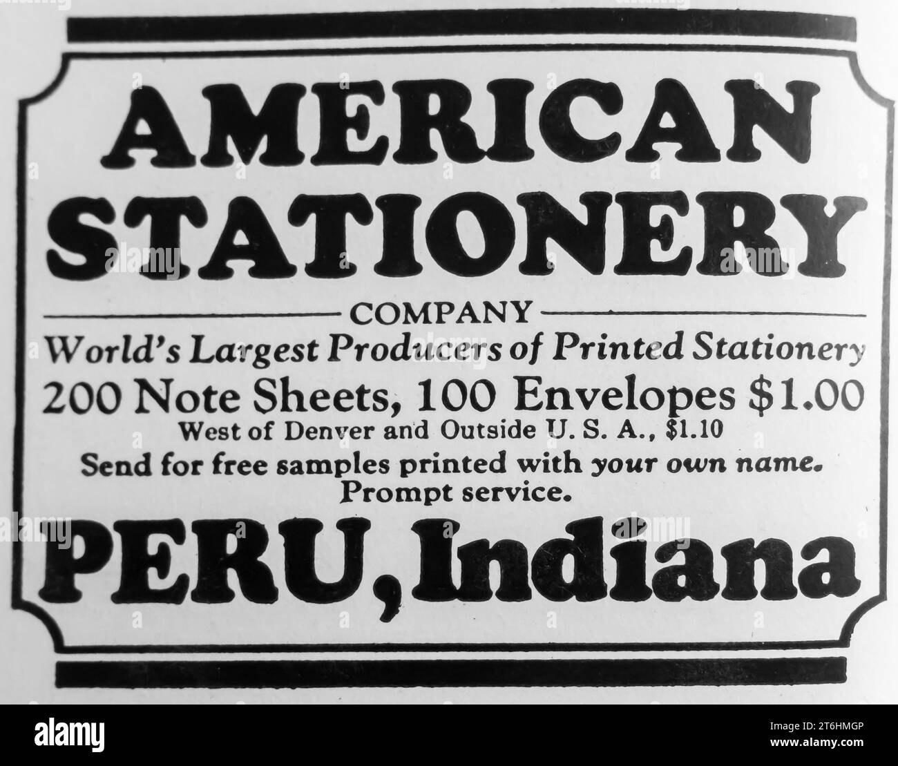 1927 US-amerikanische Schreibwarenwerbung weltweit größte Hersteller von gedruckten Schreibwarenanzeigen. 100 Umschläge für $1,00 Stockfoto