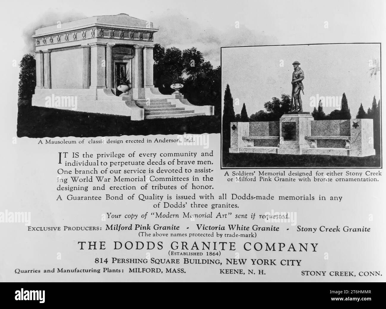 1927 Werbespot der Granitfirma Dodds Stockfoto
