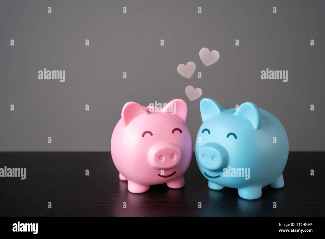 Ich liebe zwei Schweinebänke. Emotionale Verbindung, gegenseitige Fürsorge. Das Konzept, ein gemeinsames Leben zu beginnen, und ein gemeinsames Budget für die Ausgaben. Ein Leben aufbauen Stockfoto