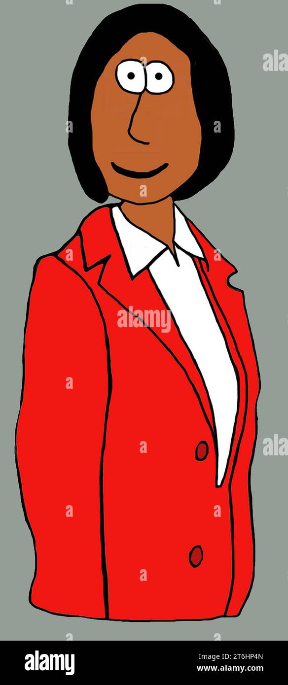 Farbige Illustration einer professionellen schwarzen Frau, die einen roten Anzug trägt und den Betrachter ansieht. Stockfoto