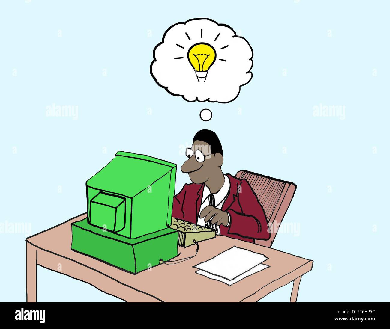 Farbige Illustration eines afroamerikanischen Managers, der an seinem Computer arbeitet und eine neue Idee hat. Stockfoto