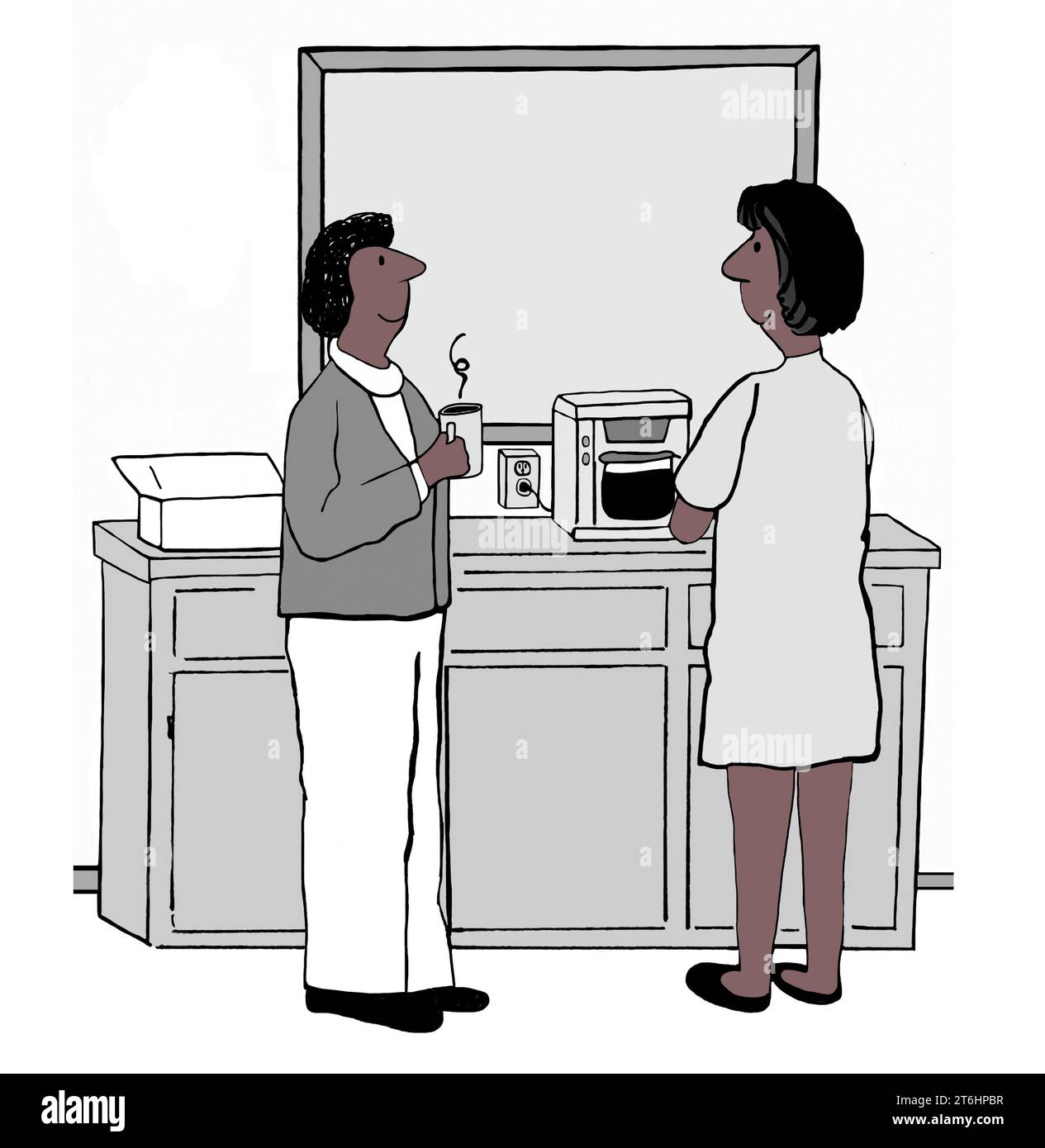 Farbige Illustration von zwei schwarzen Geschäftsfrauen, die lächeln und eine Kaffeepause machen. Stockfoto