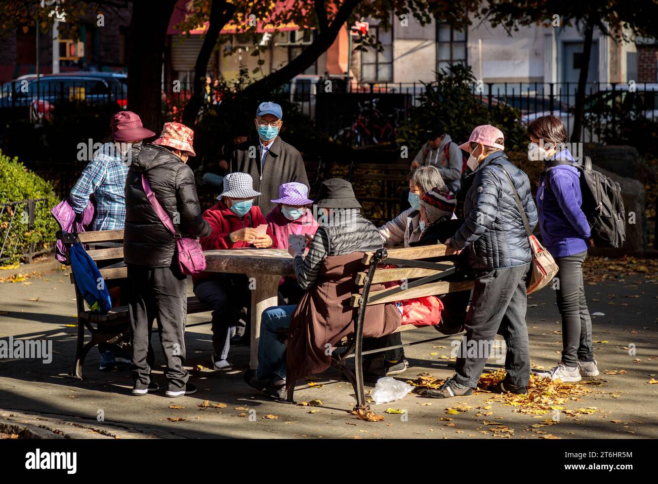 Chinesische Frauen spielen Karten im Park, Chinatown, New York City, Nordamerika, USA, USA Stockfoto