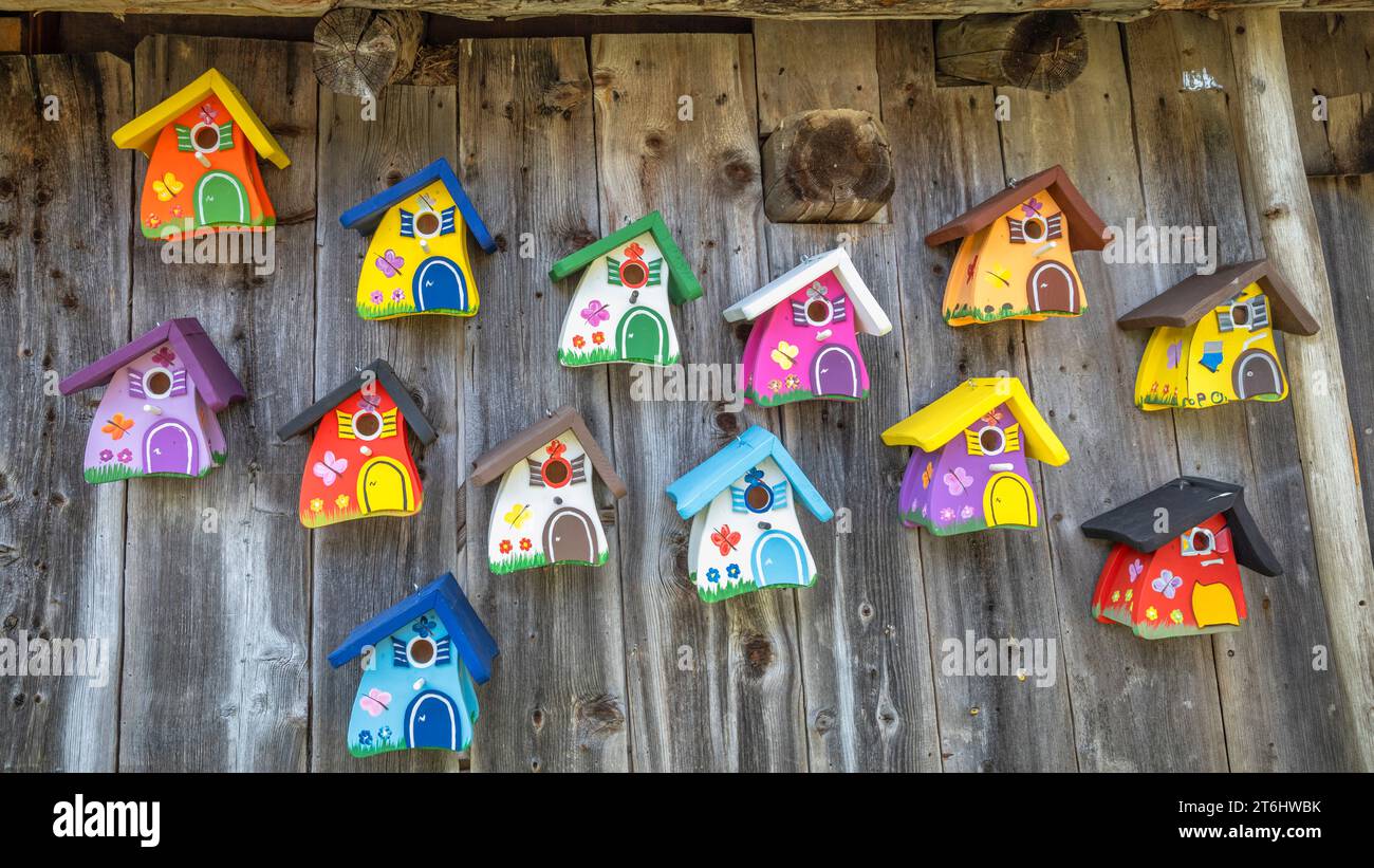 Farbenfrohe dekorative Vogelkästen hängen an einer Holzwand Stockfoto