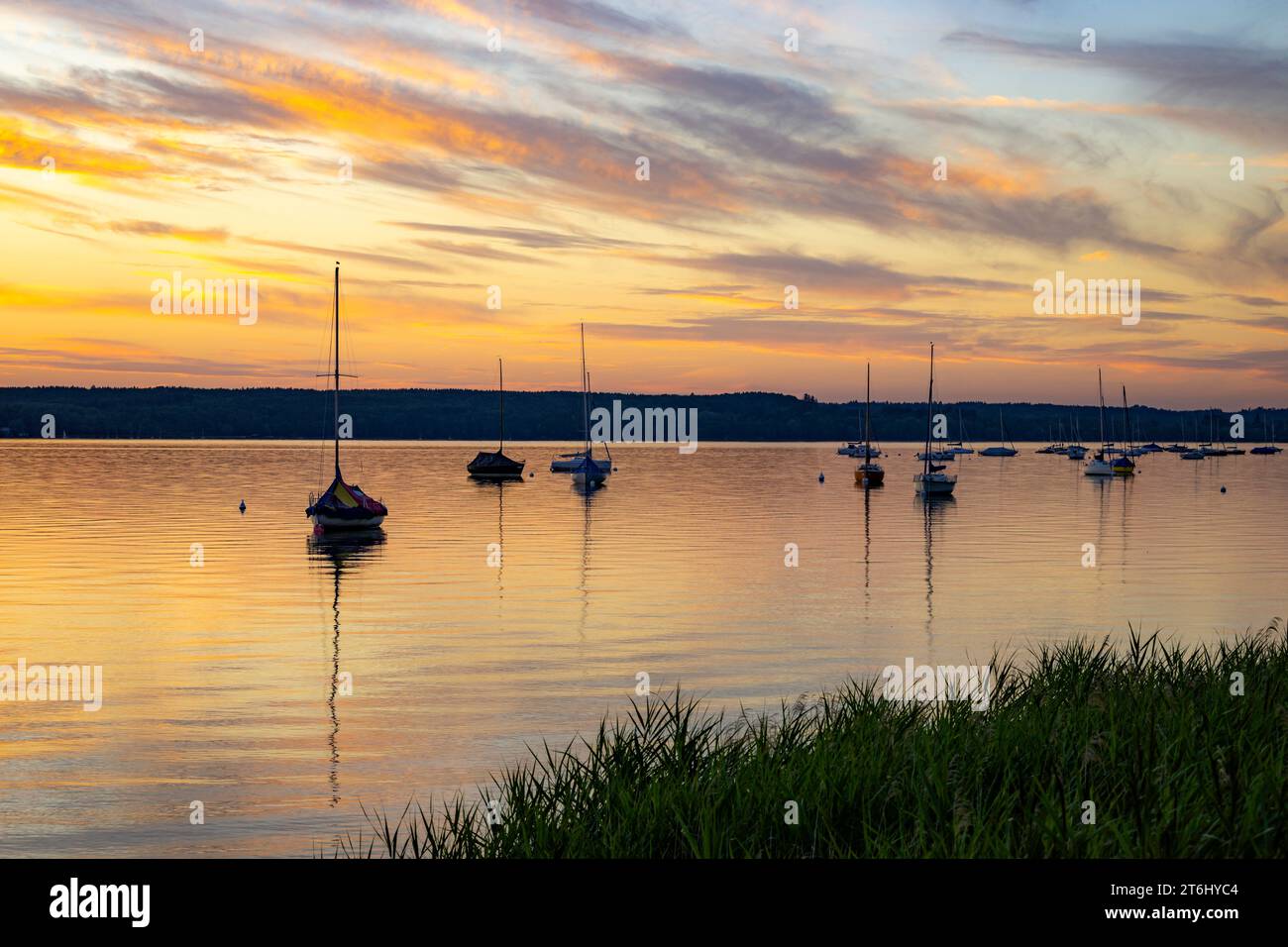 Ammersee am Abend, Breitbrunn am Ammersee, Oberbayern, Bayern, Deutschland Stockfoto