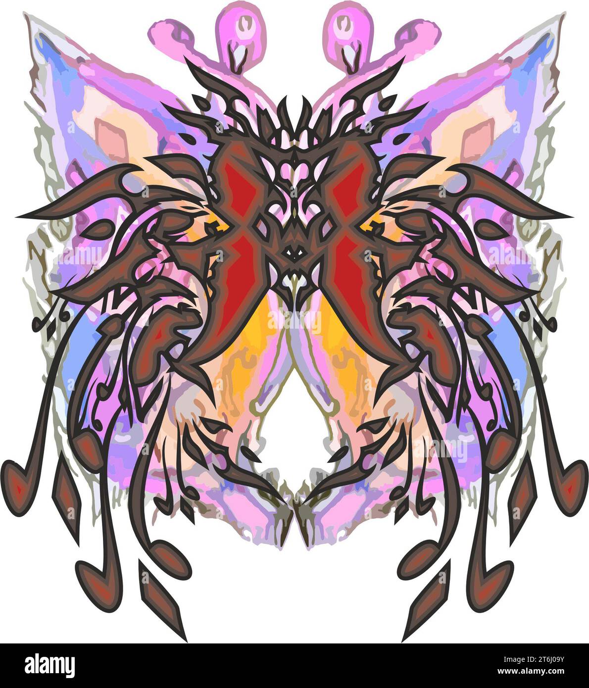 Farbenfrohe Schmetterlingsmonster auf weiß für Schild- oder Sportembleme oder Prints auf T-Shirts. Helle Schmetterlingsflügel für Unternehmen, Stoffe, Poster, Tattoos Stockfoto