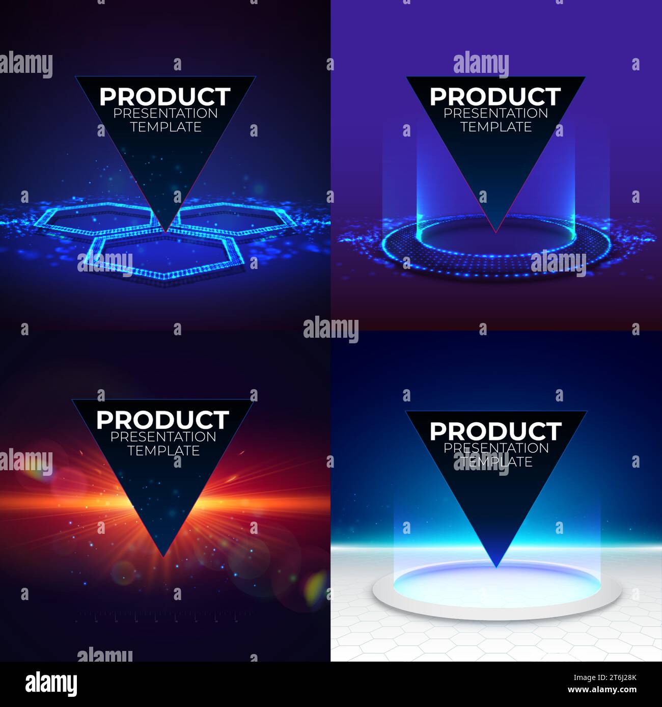 Futuristische Produktständer Set. Podium-Vorlage für pc-Gaming-Zubehör. Abstrakte High-Tech-Hintergründe für Displaytechnologieprodukte. Bearbeitbar Stock Vektor