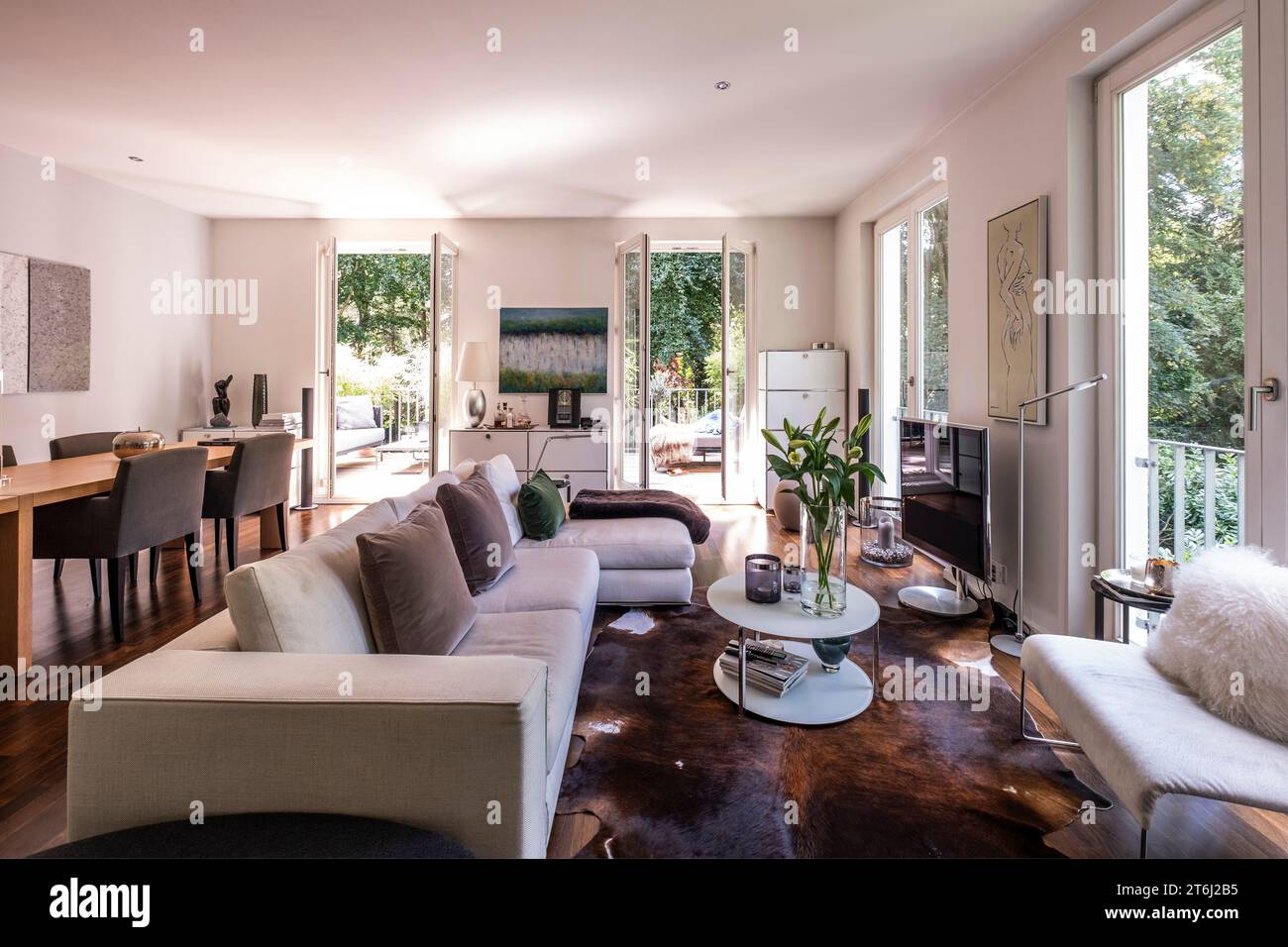Modernes Apartment, Innenblick, Wohn-/Essbereich, Stockfoto