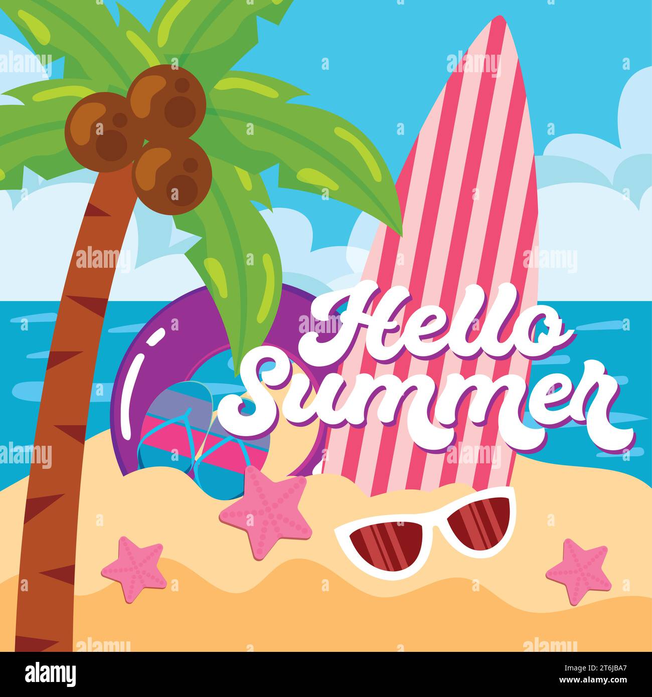 Hallo Sommer-Poster mit Strand-Ikonen Vektor Stock Vektor