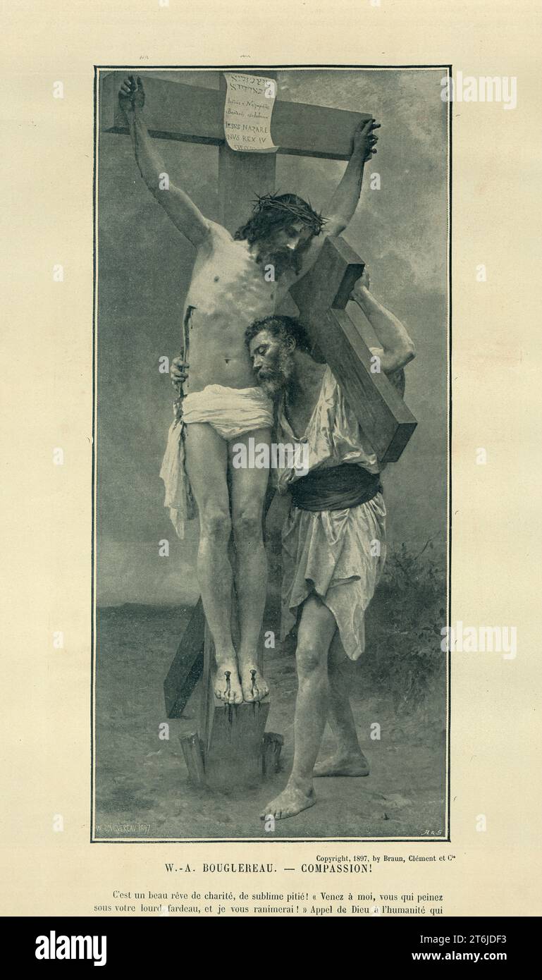 Vintage-Illustration nach dem Gemälde von William-Adolphe Bouguereau, Barmherzigkeit, Christus am Kreuz Stockfoto