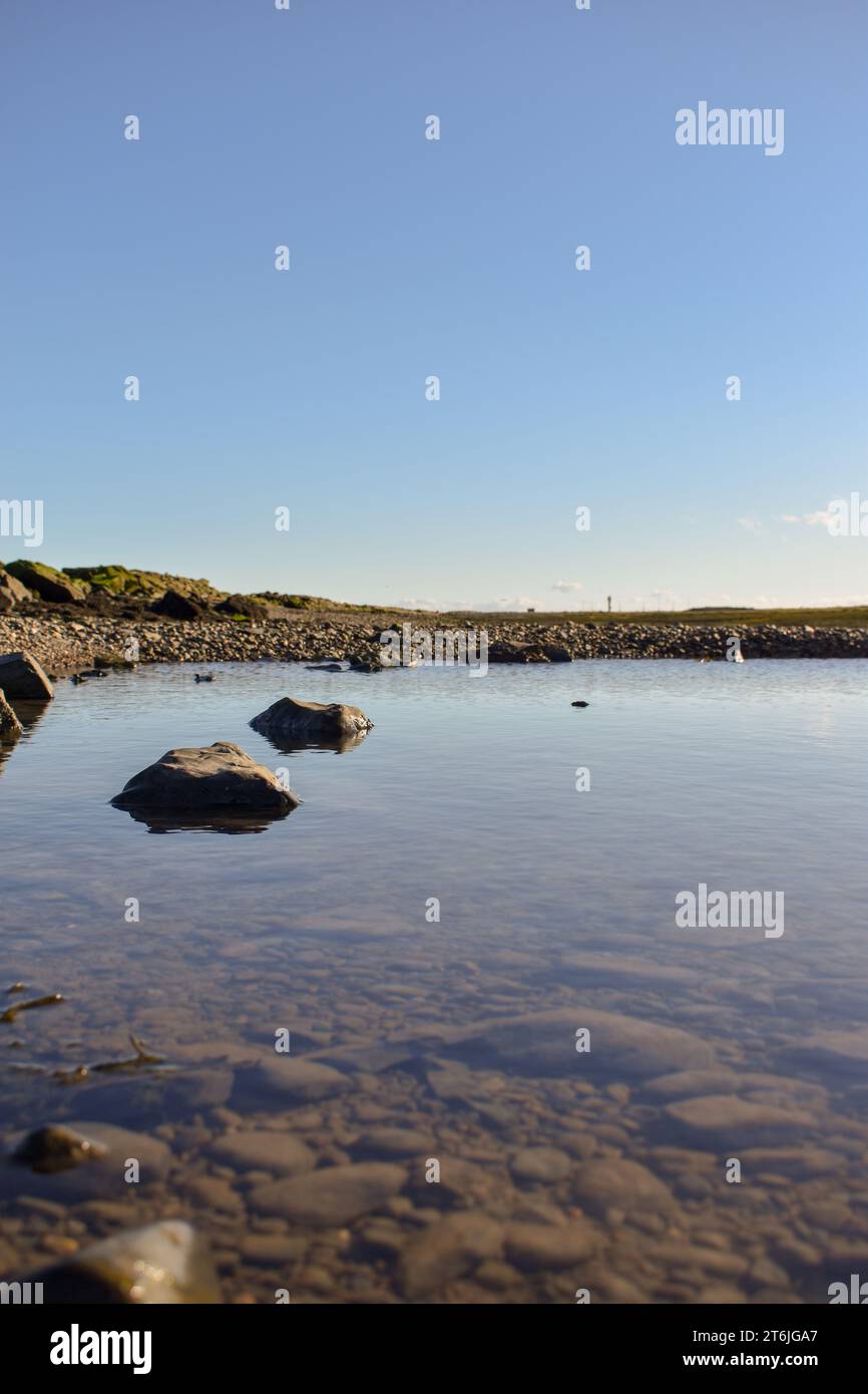 Ein Felsenpool bei Ebbe an einem klaren, sonnigen Tag, mit dem der Boden durch das ruhige Wasser sichtbar ist und Felsen auf seiner Oberfläche reflektieren. Stockfoto