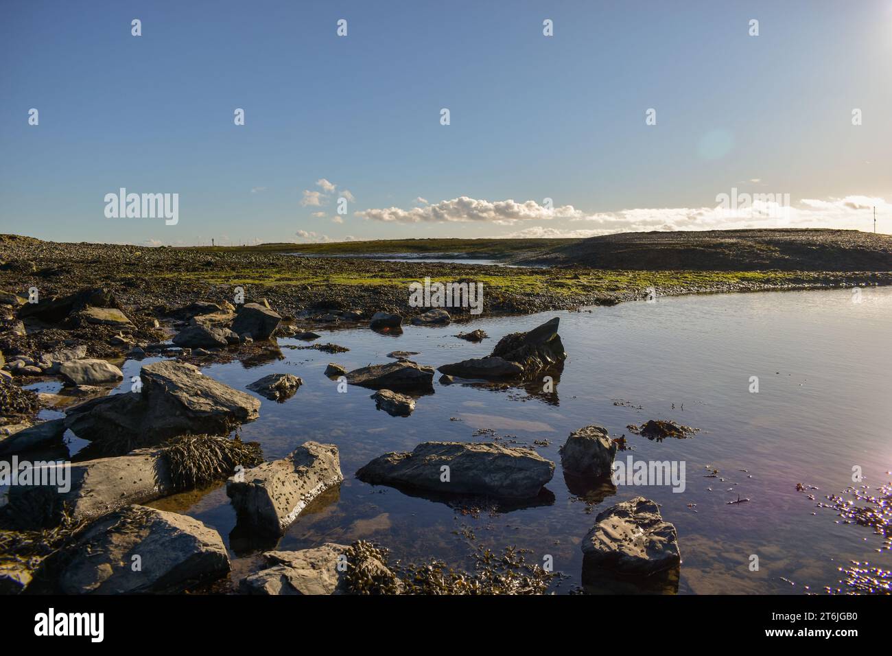 Ein großer Felsenpool bei Ebbe an einem klaren, sonnigen Tag, umgeben von Algen und Algen mit einigen Felsen, die sich auf der Wasseroberfläche spiegeln. Stockfoto