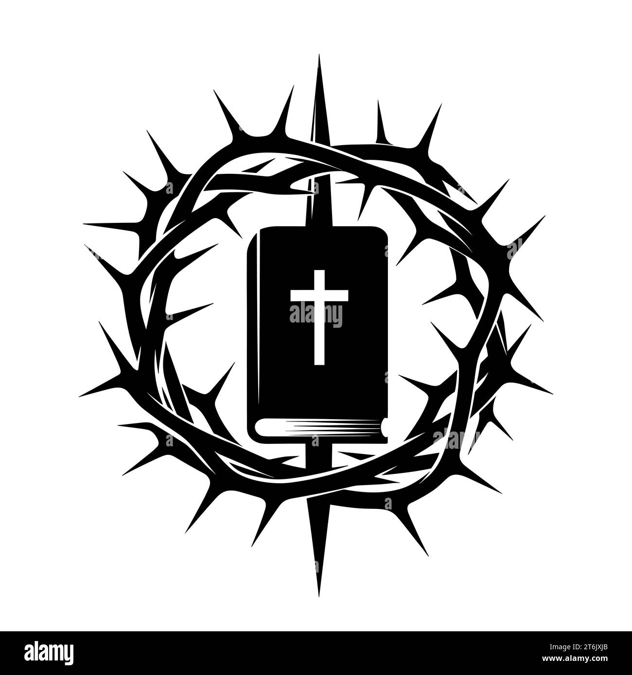 Religiöses Symbol. Schwarze Silhouette einer Bibel mit einem Kreuz, das in einem Kreis einer Dornenkrone eingeschlossen ist. Vektorabbildung. Stock Vektor