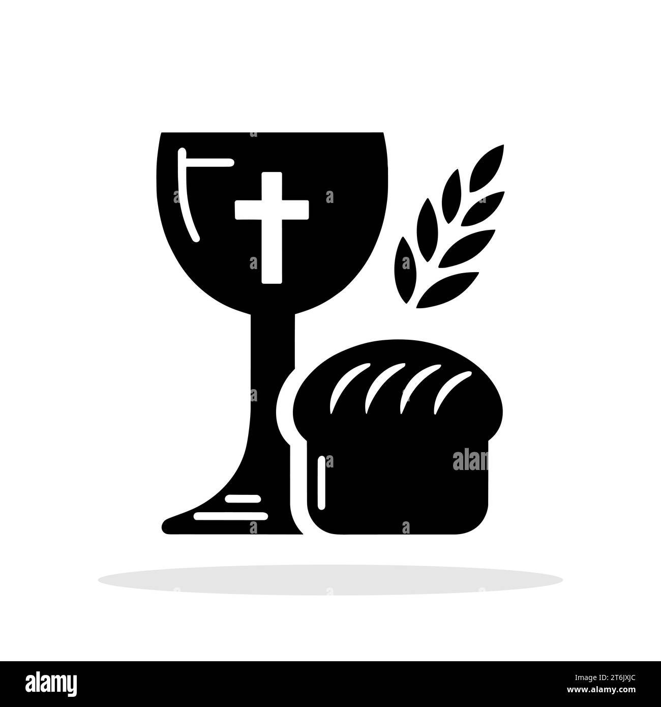 Schwarzes Symbol des Chalice mit einem Kreuz, einem Ähr aus Mais und Brot. Christliches Stipendienkonzept. Religiöse Ikone. Vektorabbildung. Stock Vektor
