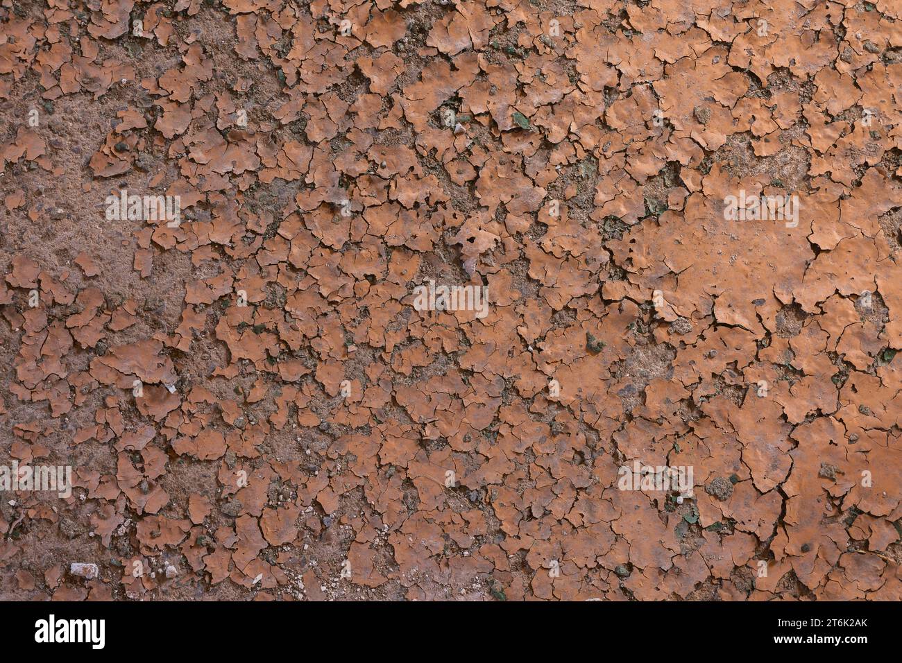 Abblätternde bräunliche Farbe auf Betonbodenoberfläche. Stockfoto