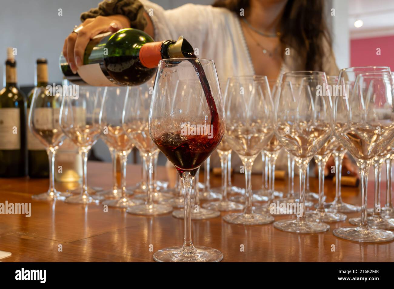 Weinprobe im alten Weingebiet, Dorf Saint Estephe, Weinberge Haut-Medoc in Bordeaux, linkes Ufer der Mündung Gironde, Frankreich, Weintour in Bordeaux, Stockfoto