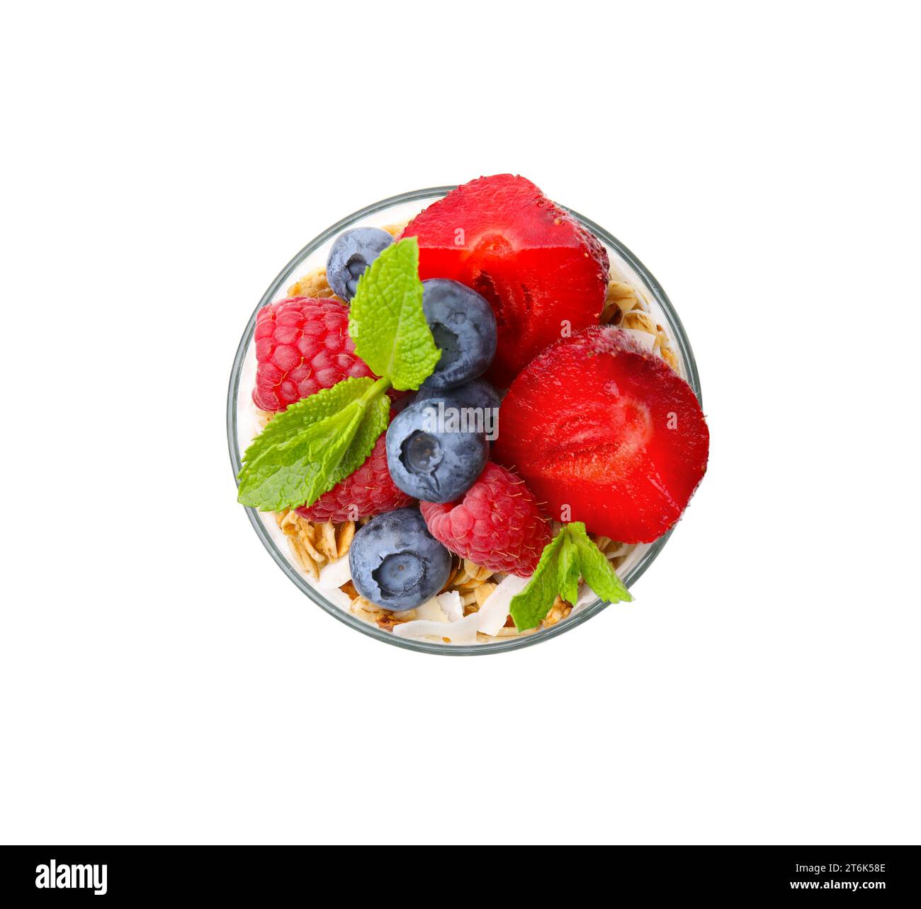 Leckeres Haferbrei mit Smoothie, Beeren und Minze auf weißem Hintergrund, Blick von oben. Gesundes Frühstück Stockfoto