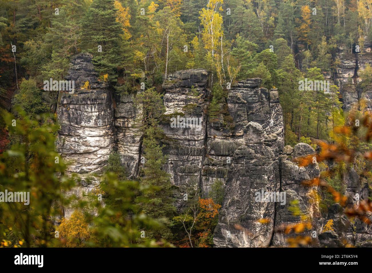 Landschaftseindruck der sächsischen schweiz um die basteibrücke bei dresden in sachsen, deutschland, im Herbst Stockfoto