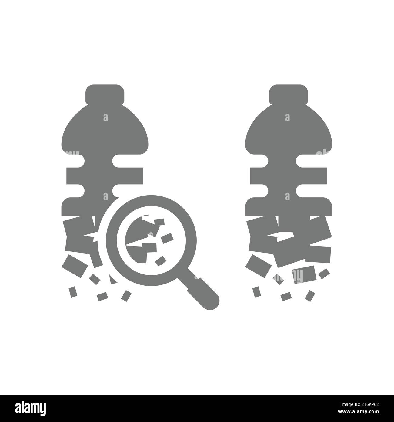 Mikroplastik mit Kunststoffflaschenpartikeln Vektorsymbol. Mikroplastik oder Mikroplastik mit Lupensymbol für Verschmutzung. Stock Vektor