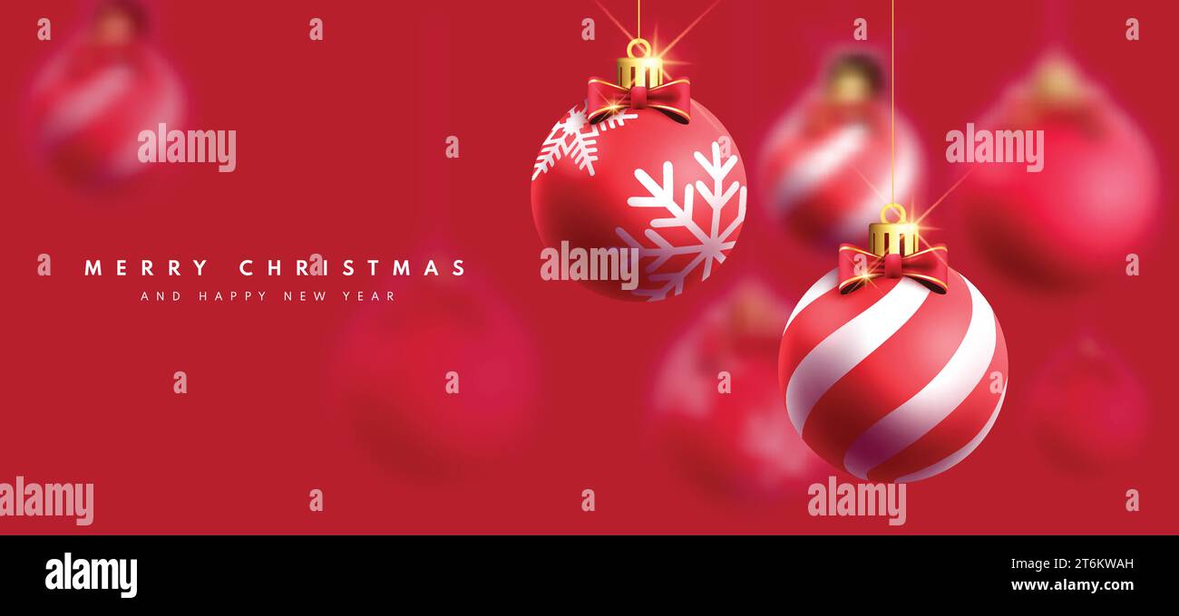 Frohe weihnachten Gruß Text Vektor Design. Rote Weihnachtskugeln hängen Ornamente im eleganten roten Grußkartenhintergrund. Vektorabbildung Stock Vektor