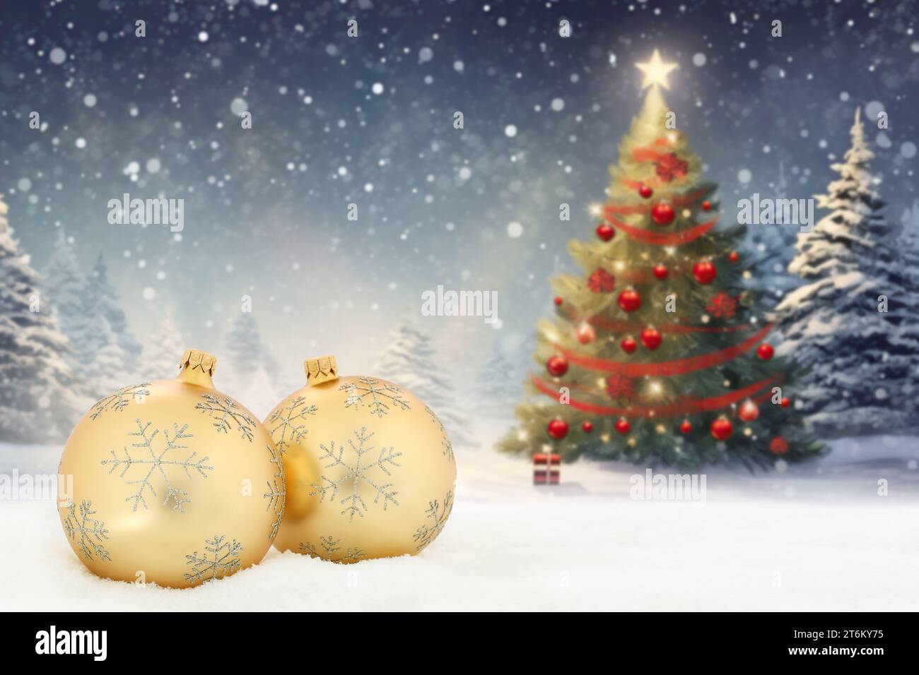 Weihnachtskarte mit Kugeln Kugeln Baum Hintergrund Copyspace Kopierraum Dekoration Einladung Winter Schnee Schneeflocken Stockfoto