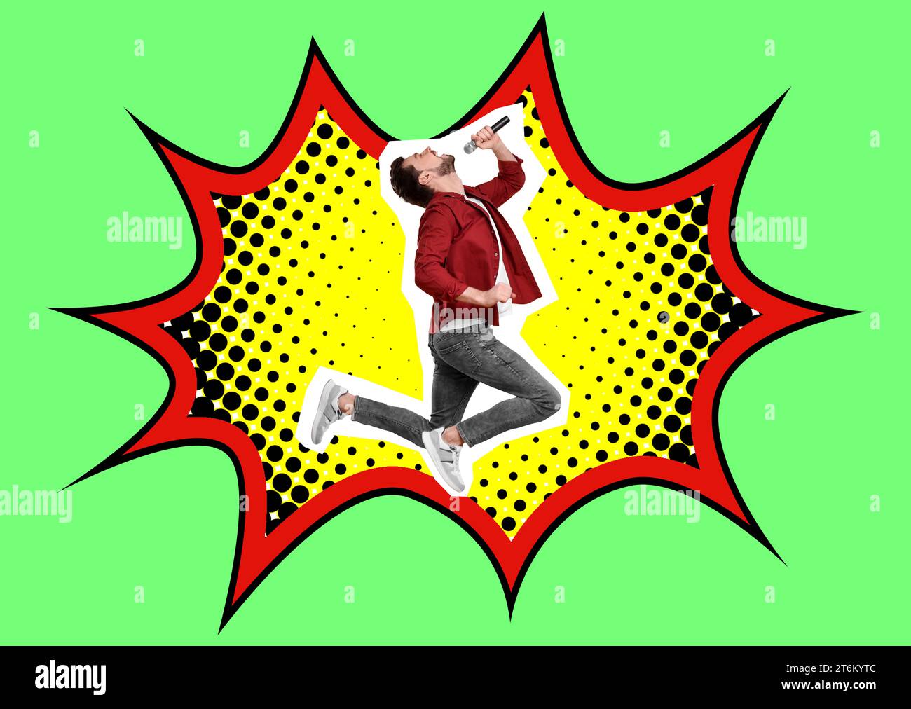 Helles Kunstwerk mit Mann, der in Mikrofon auf farbigem Hintergrund singt Stockfoto