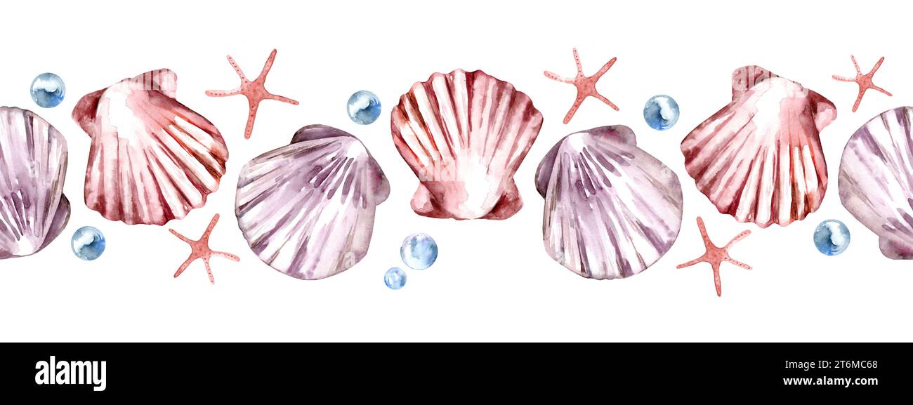Nahtloser Rand mit Muscheln. Handgezeichnete Aquarellillustration auf weißem isoliertem Hintergrund für Banner. Sea Shell Muster für Design in nautischen s Stockfoto