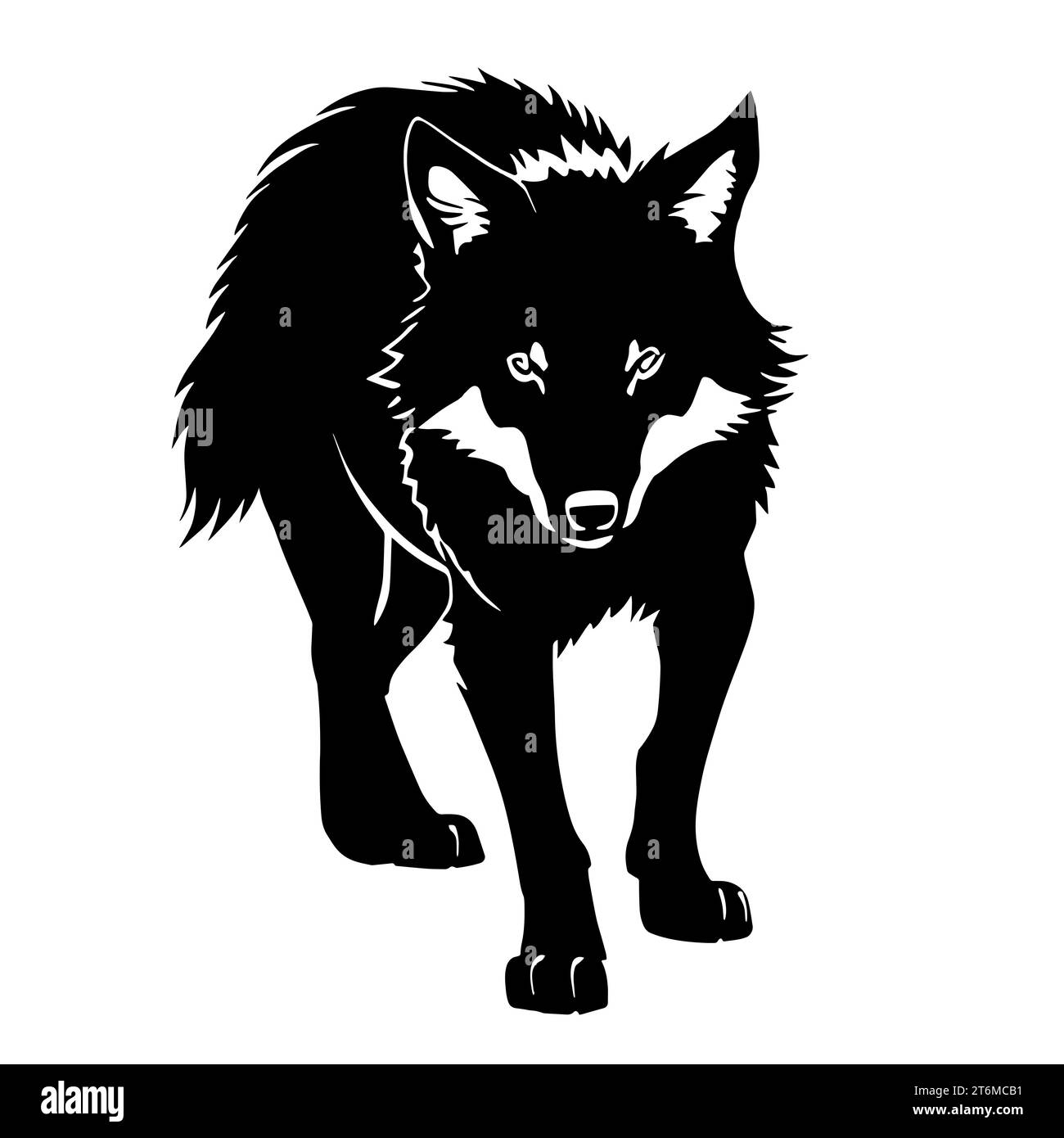 Schwarz-weiß-Illustration eines Wolfes mit dickem Pelzfell und scharfen Zähnen. Der Wolf repräsentiert das Rudel, starke Familienbande und Kooperation Stockfoto