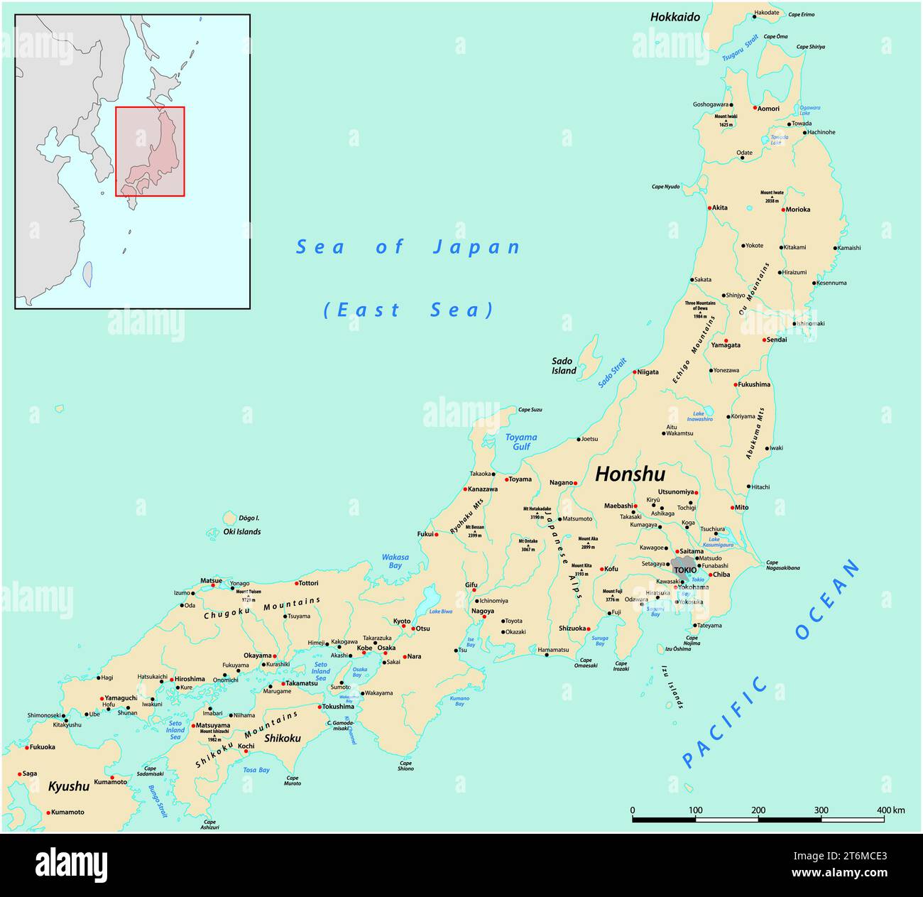 Vektorkarte der japanischen Hauptinsel Honshu Stockfoto