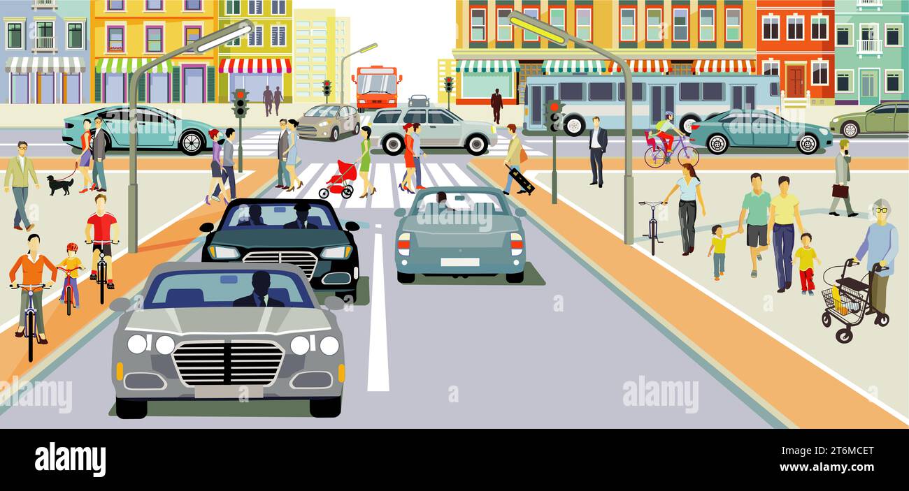 Städtische Silhouette einer Stadt mit Verkehr und Menschen, Illustration Stockfoto