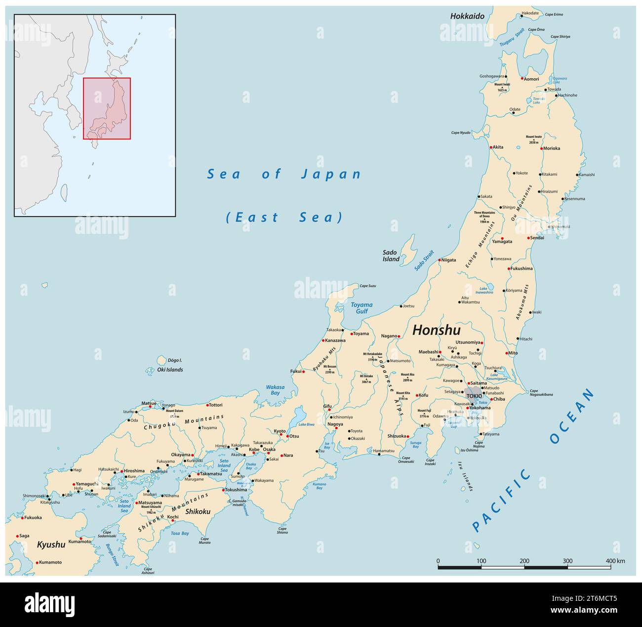 Vektorkarte der japanischen Hauptinsel Honshu Stockfoto