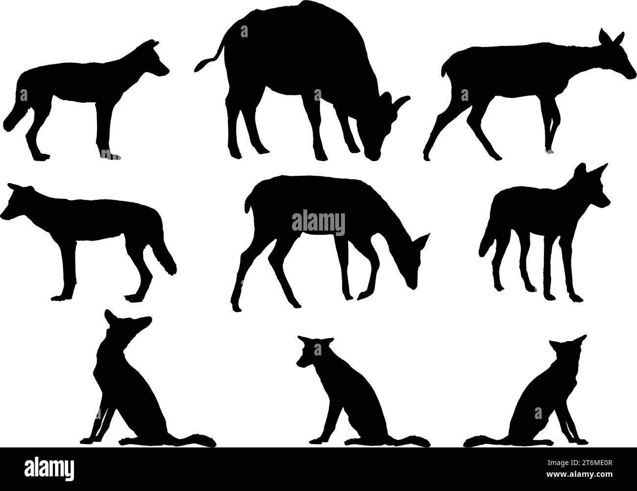 Silhouette-Kollektion „Animals“. fuchs und Kuh, Hirsch, schwarze Farbe. Isoliert auf weißem Hintergrund. Vektor-Silhouetten-Kollektion Stock Vektor