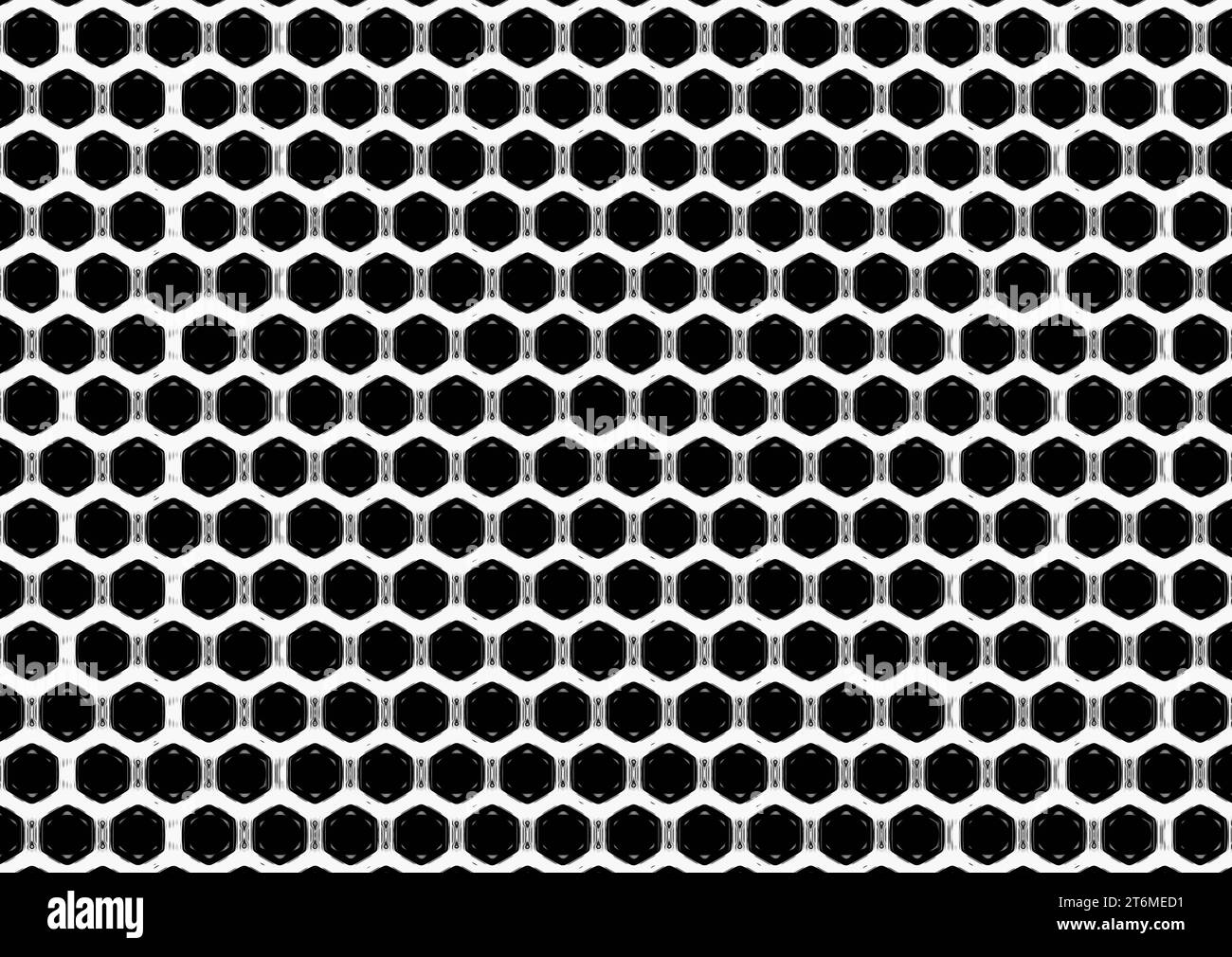 Weißer Hintergrund mit schwarzem sechseckigen Muster. Zellen mit dekorativem Motiv, getrennt durch eine Grenze mit humanoiden Figuren. Stockfoto
