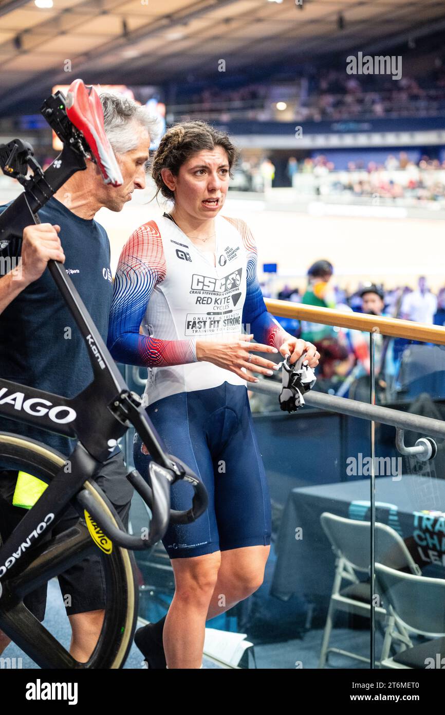 Dannielle Khan UCI Track Champions League London Runde 4 stürzte in der Eliminierung ab Stockfoto