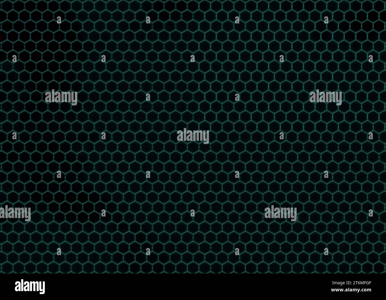 Ein ansprechendes sechseckiges Gittermuster mit blauem Neonrand, Lichtpunkten und einer roten und schwarzen Verlaufslinie im Inneren. Der Bildhintergrund Stockfoto