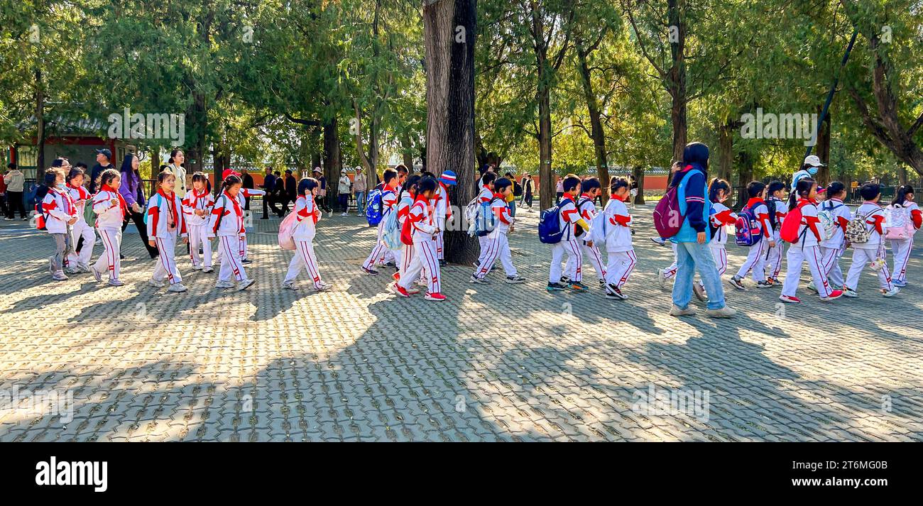 Peking, China, Große Menschenmenge, Chinesen, Kinder, Schüler, Touristen, Besuch im Winterpalast, Kinder in Schuluniformen gehen mit Lehrer Stockfoto