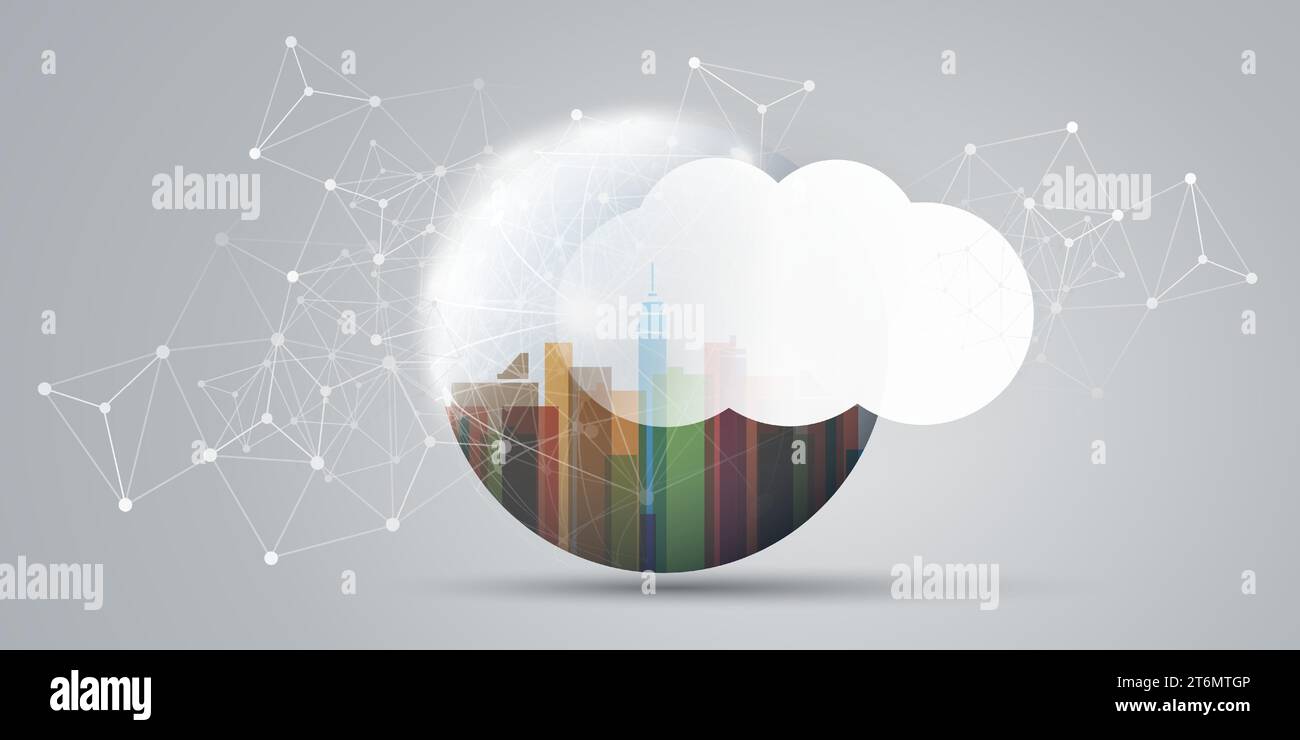 Futuristisches Smart City, Cloud Computing Design-Konzept mit polygonalem 3D-Netz, Cluster, Knoten und White Cloud – Global Digital Network Connections Betw Stock Vektor