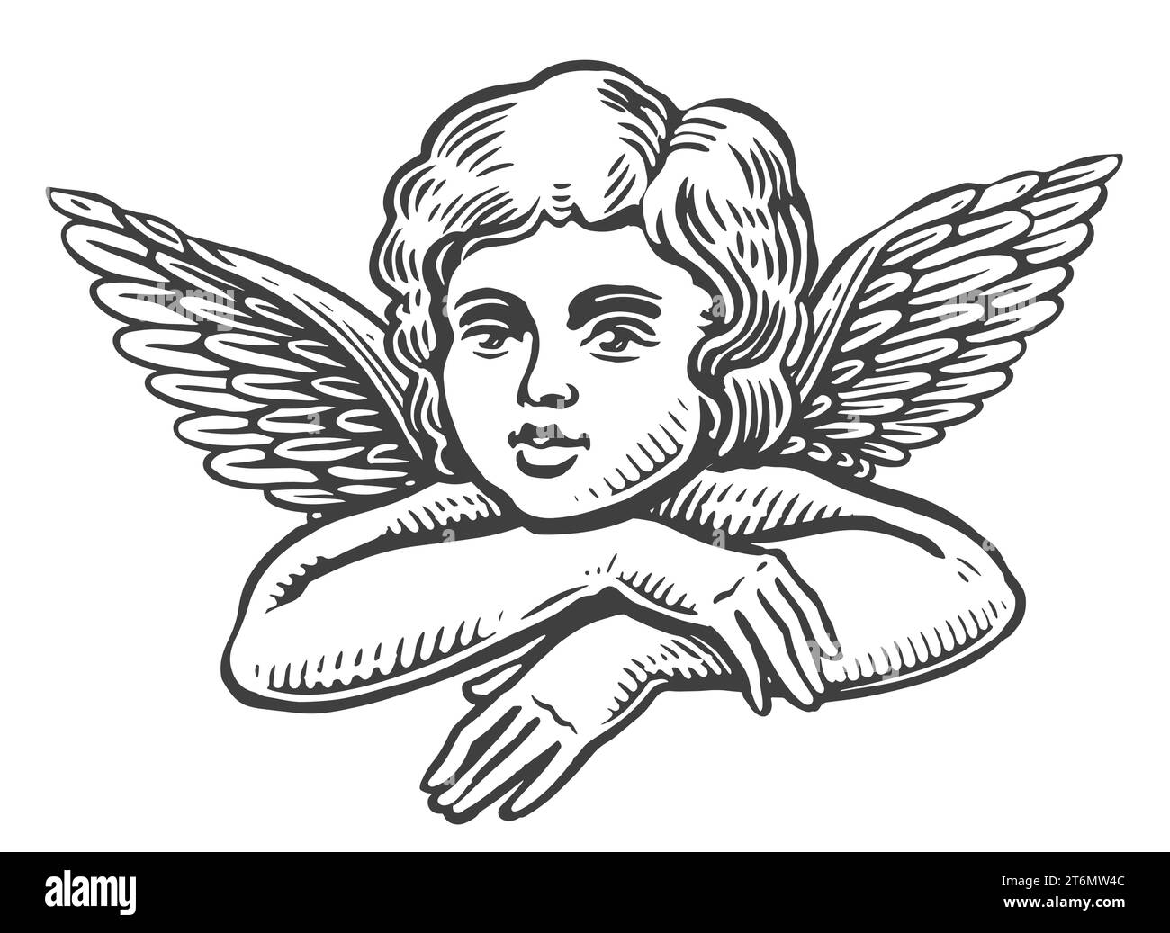 Kleiner Engel, Vintage-Gravur. Niedliches Baby mit Flügeln, schwarz-weiße Vektorillustration Stock Vektor