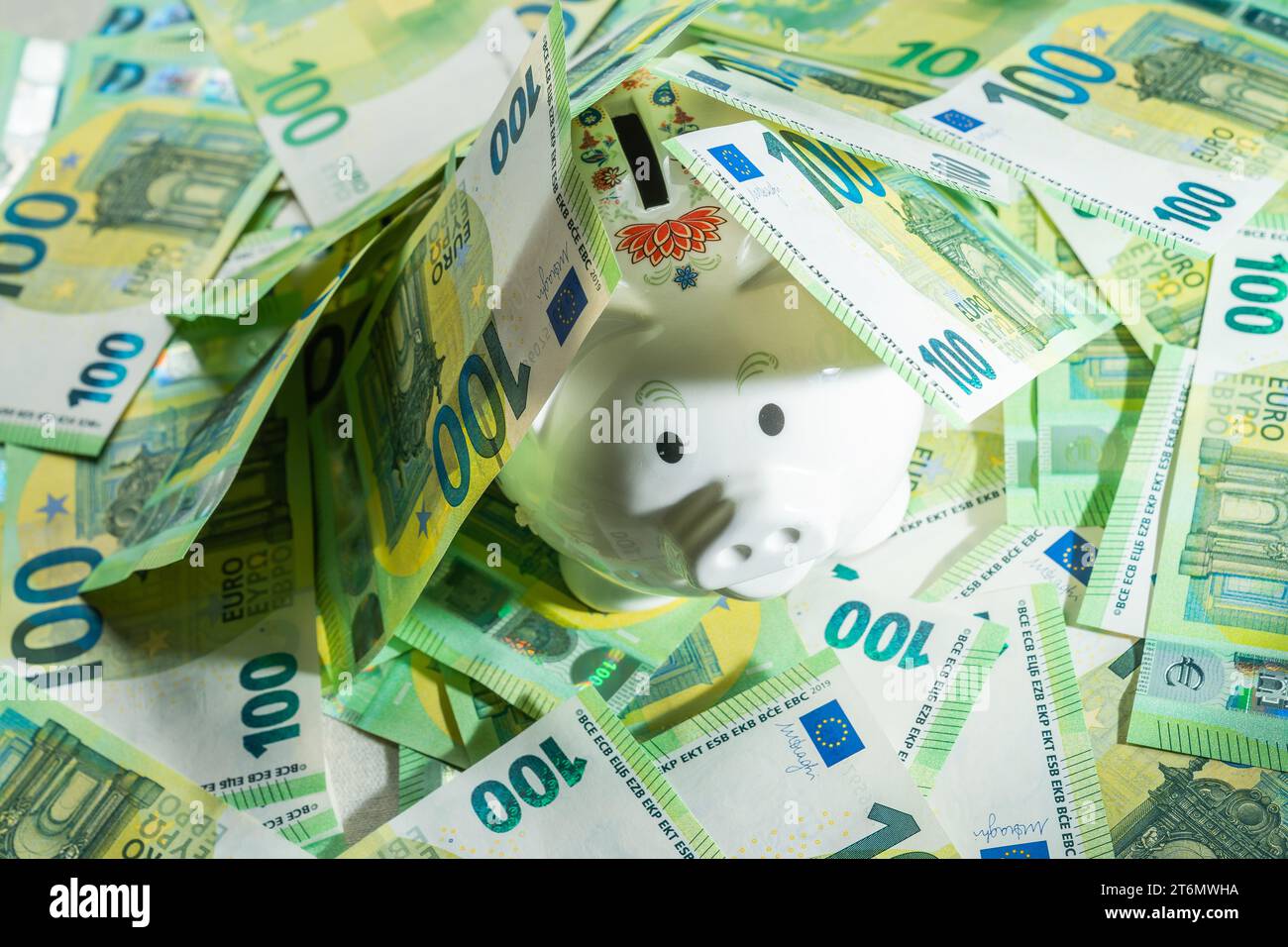 Geldschwein auf dem Hintergrund von Geldrechnungen von 100 Euro, mittiger Anblick auf Schweinebank in der Mitte. Hochwertige Fotos Stockfoto