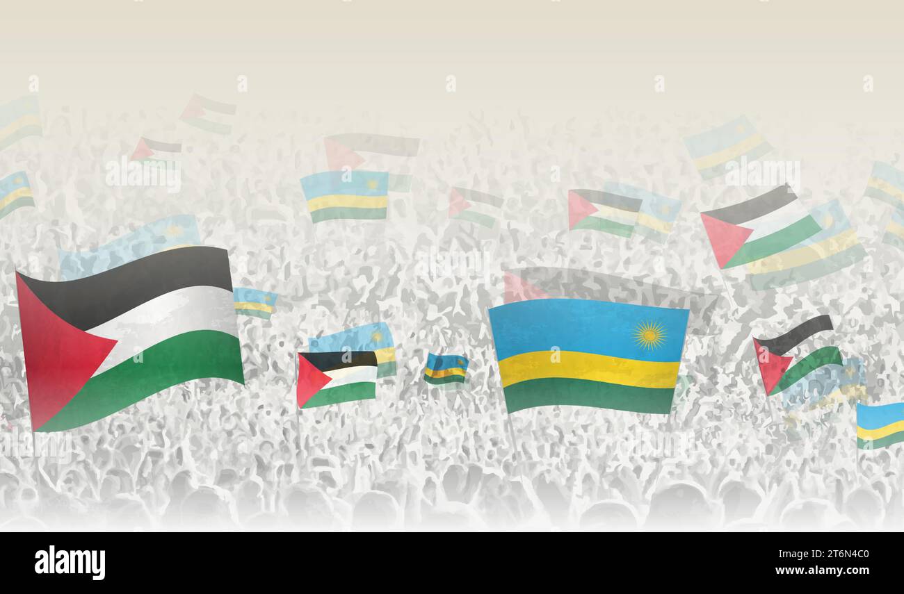 Palästina und Ruanda fahnen in einer Menge jubelnder Menschen. Menschenmenge mit Fahnen. Vektorabbildung. Stock Vektor