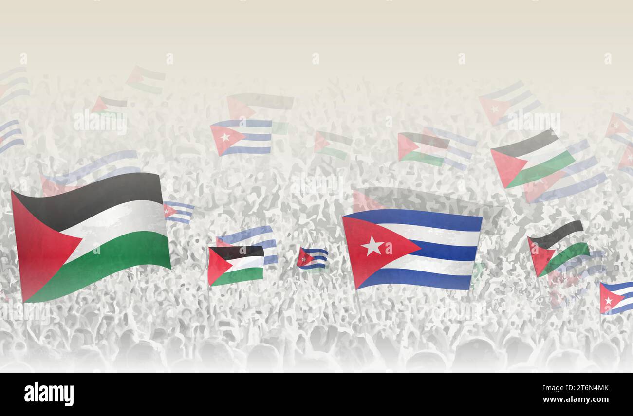 Palästina und Kuba fahnen in einer Menge jubelnder Menschen. Menschenmenge mit Fahnen. Vektorabbildung. Stock Vektor