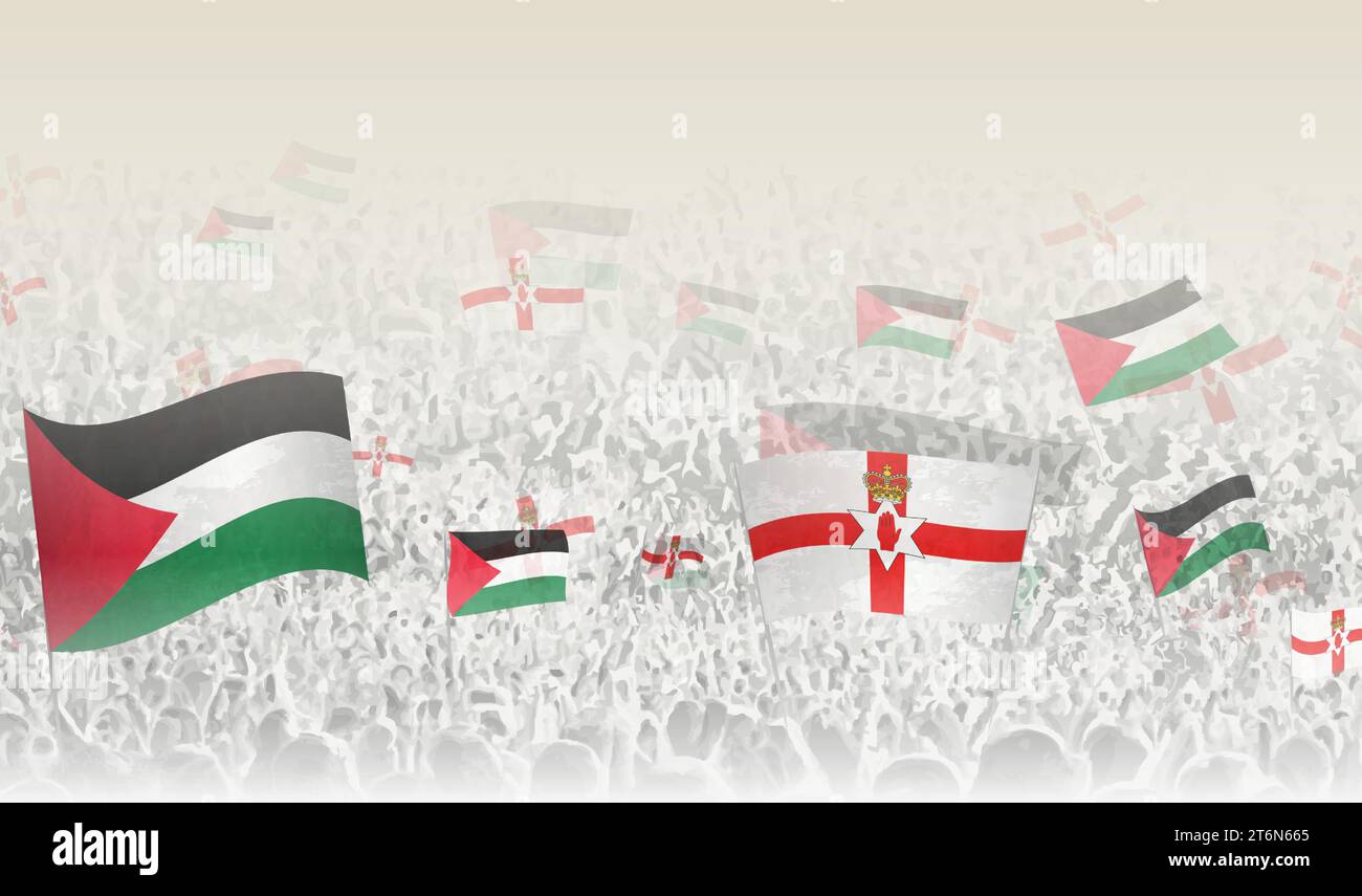 Palästina und Nordirland fahnen in einer Menge jubelnder Menschen. Menschenmenge mit Fahnen. Vektorabbildung. Stock Vektor