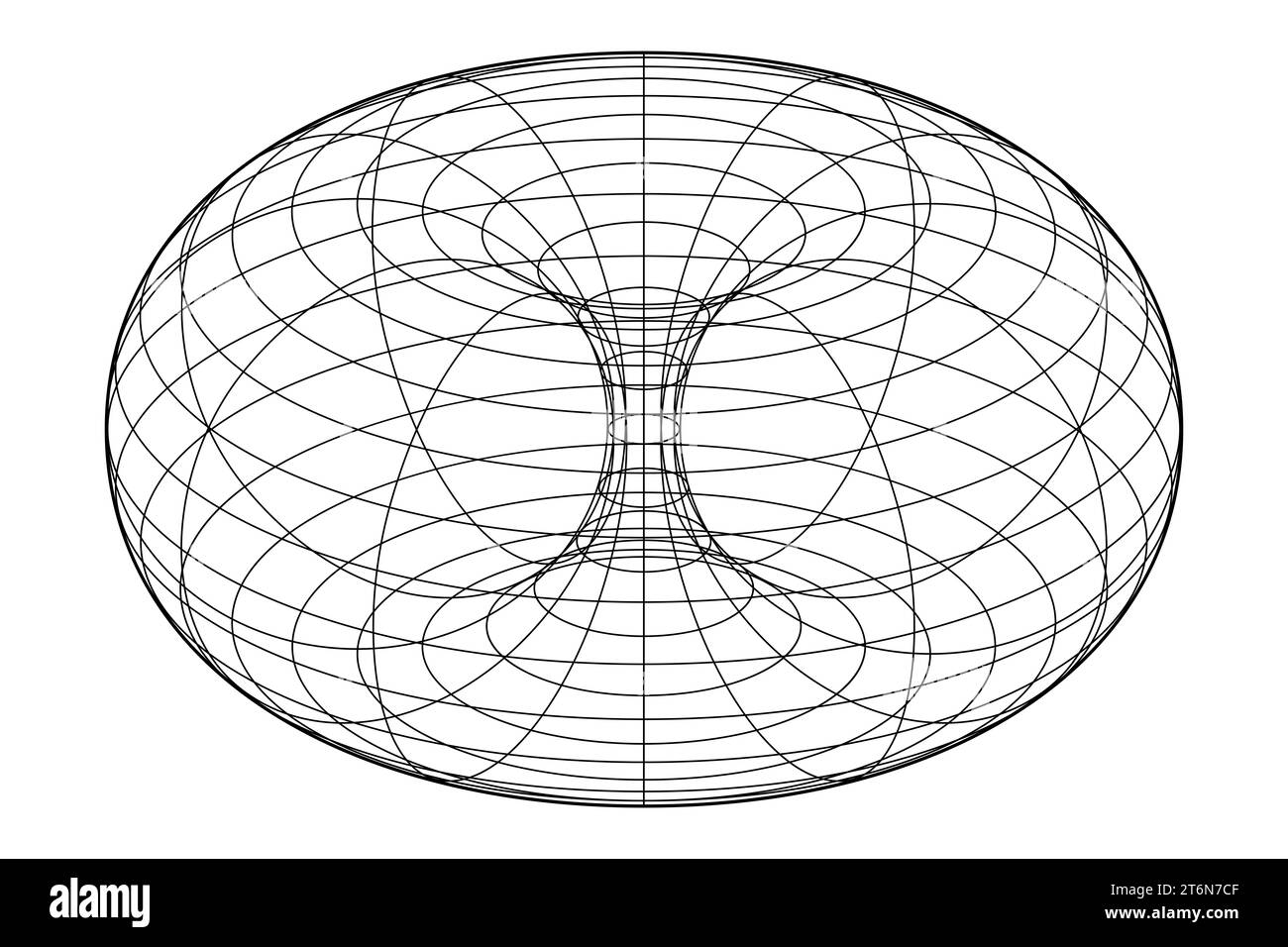 Drahtrahmen eines Ringtorus, auch Donut oder Donut. In der Geometrie eine Rotationsfläche, die durch Drehen eines Kreises im 3D-Raum erzeugt wird. Stockfoto