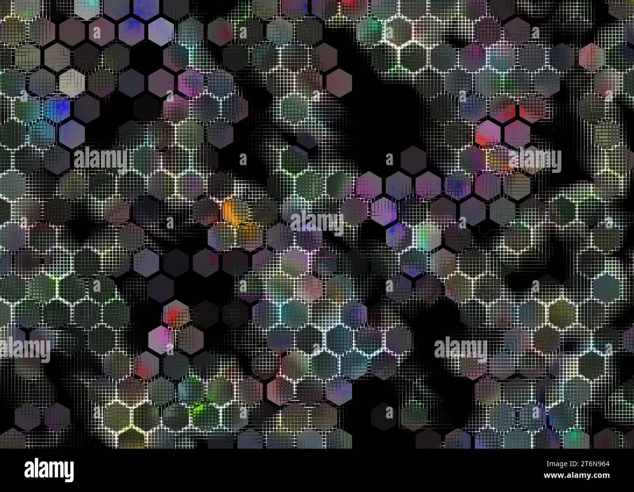 Unregelmäßiger Hintergrund mit Sechsecken, die mit farbigen Linien bemalt sind, und leeren Stellen in Schwarz. Halbtransparentes Außenraster mit Lichtpunkten. Stockfoto