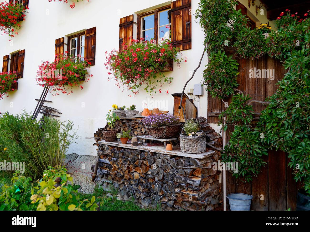 Rustikales Fenster mit Holzläden und roten Geranien auf dem Fenstervorsprung und einem Feuerholzhaufen in der bayerischen Alpenlandschaft Schwangau Stockfoto