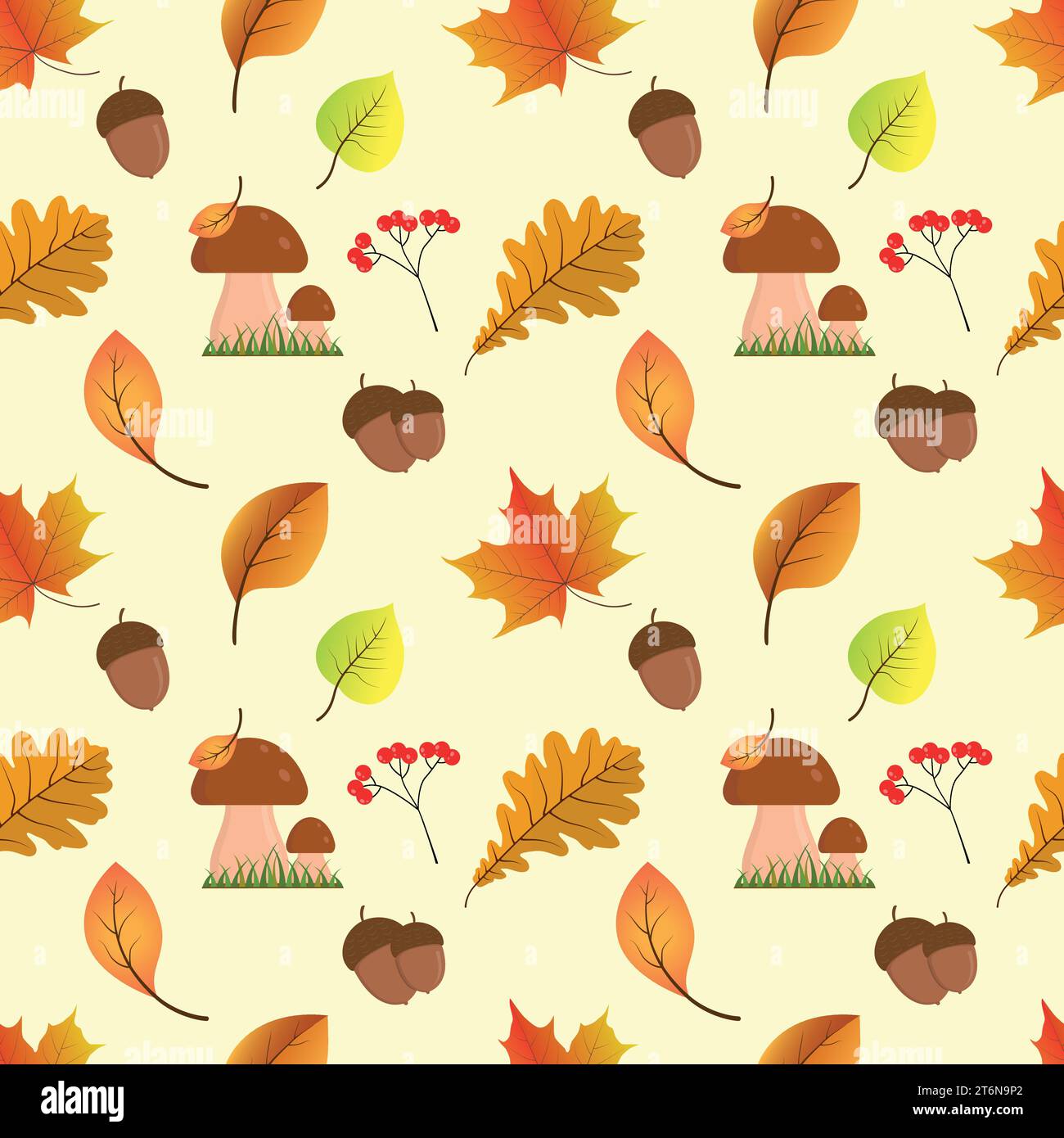 Nahtloses Herbstmuster mit fallenden Ahornblättern, Eichenbirke, vogelbeeren, Speisepilzen, Eicheln. Stock Vektor