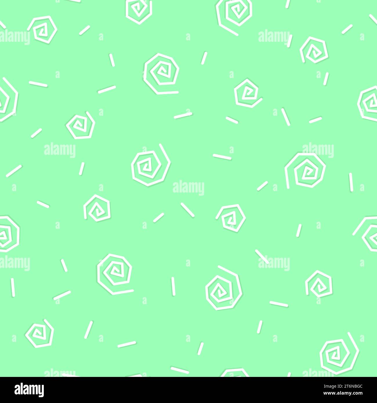 Nahtloses Muster abstrakter, niedlicher, verspielter Locken auf grünem Hintergrund. Vektor-Hintergrund in Kawaii, Manga, Anime-Stil. Stock Vektor
