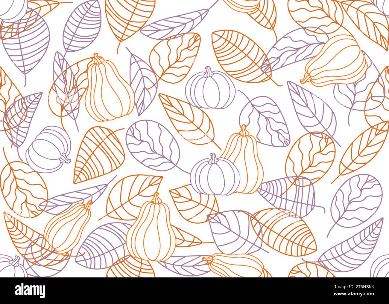Nahtloses Muster von Herbstblättern und Kürbissen. Herbst nahtloser Hintergrund von Blättern Umrisse, Strichgrafik. Illustration der Vektorkritzelei. Stock Vektor