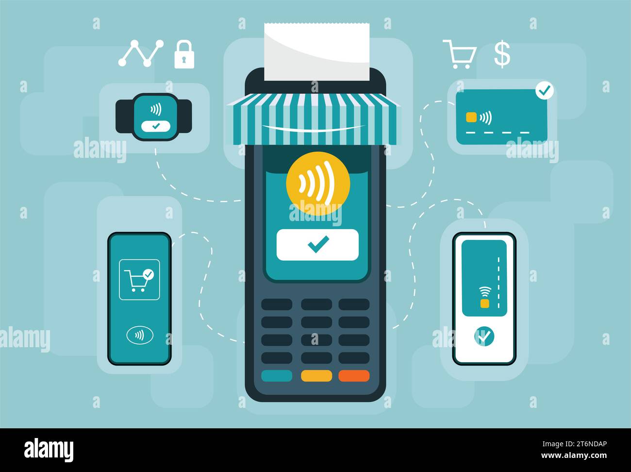 Kontaktlose Zahlung, Bargeldlose Zahlung, Händler & Kunde, Zahlungsabwicklung, Zahlung Akzeptiert, Transaktion, Telefonisch Bezahlen, Kreditkarte, Smartwatch Stock Vektor